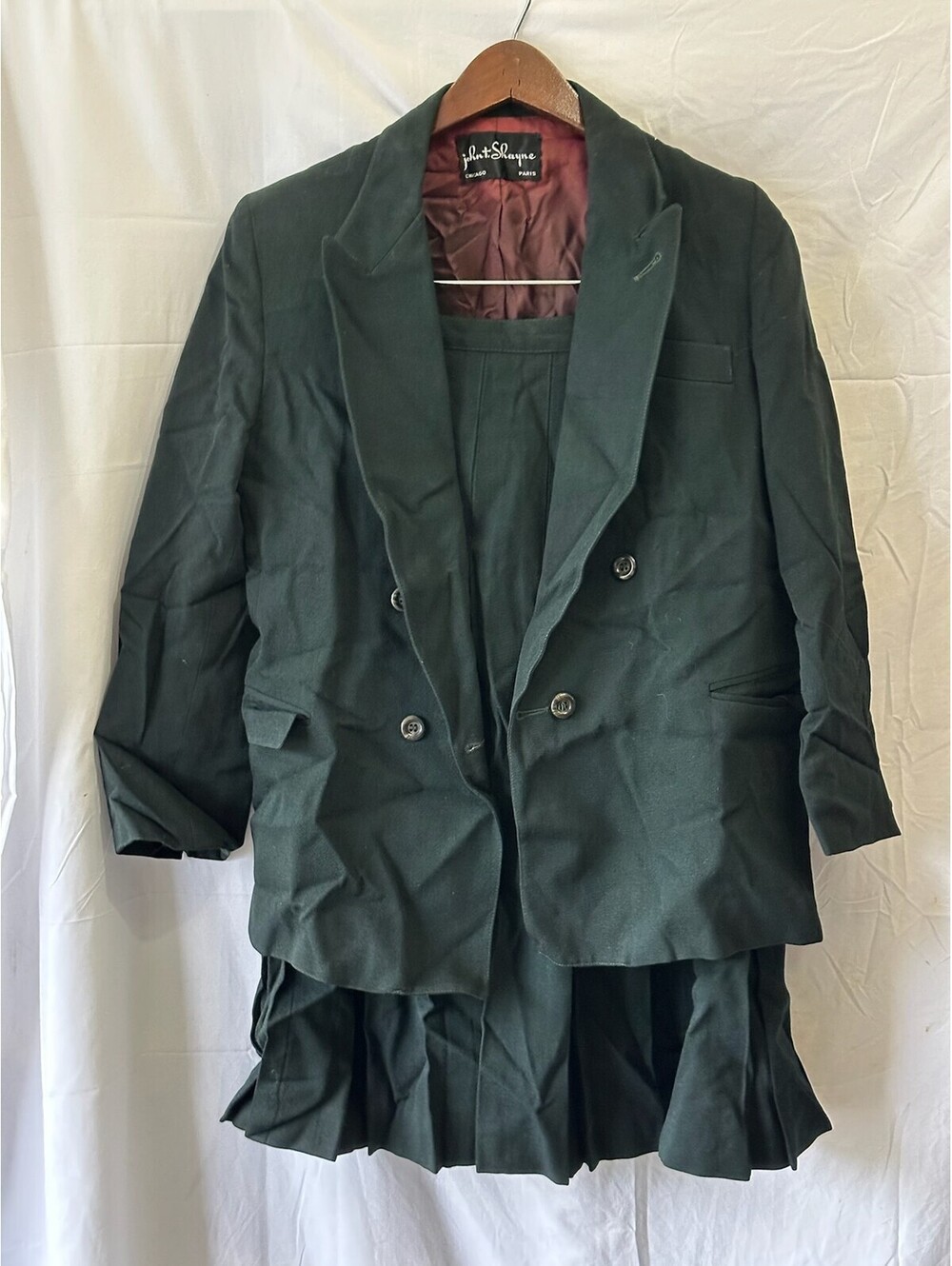 Vintage Danièle O 100% Wool Dark Green Two-Piece Suit Blazer & Pleated Skirt E-7